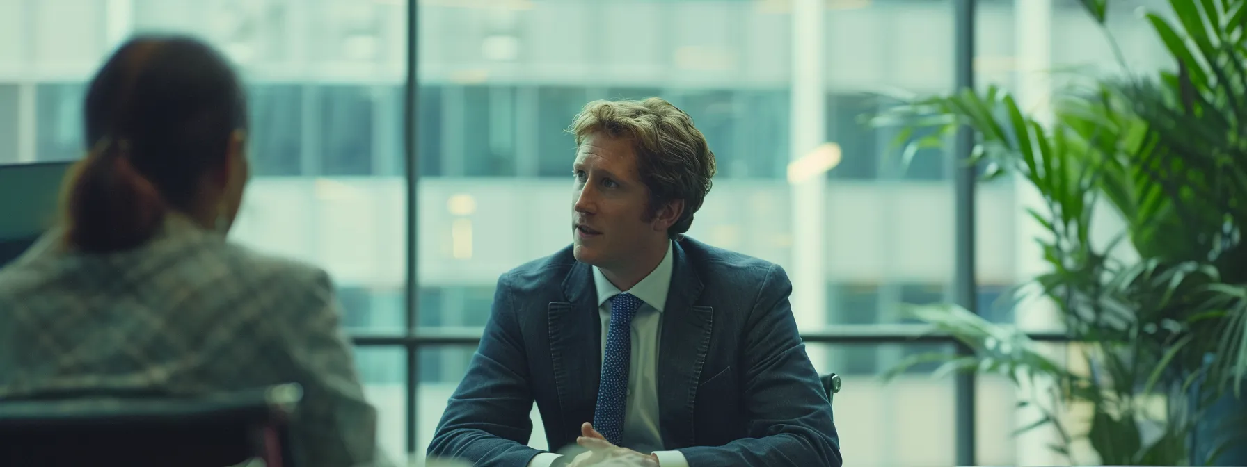 a person in a suit discussing financial options with a client in an office setting.