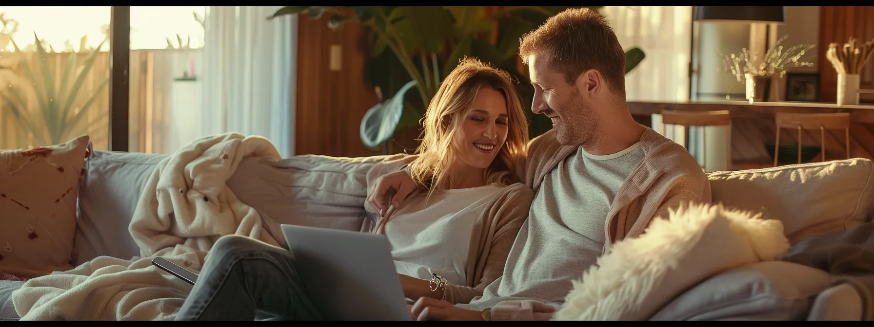A cozy rural Australian home interior featuring a Caucasian couple in their mid-30s, sitting close together on a comfortable sofa. The man has short, light brown hair, and the woman has shoulder-length blonde hair. They are both smiling and engaged in a relaxed conversation while using a laptop and a tablet. The living room is warmly lit with natural light, wooden furniture, and soft earthy tones, creating an inviting and homely atmosphere. The image conveys trust, security, and optimism as the couple discusses their financial future, reflecting the benefits of debt consolidation in a rural setting.