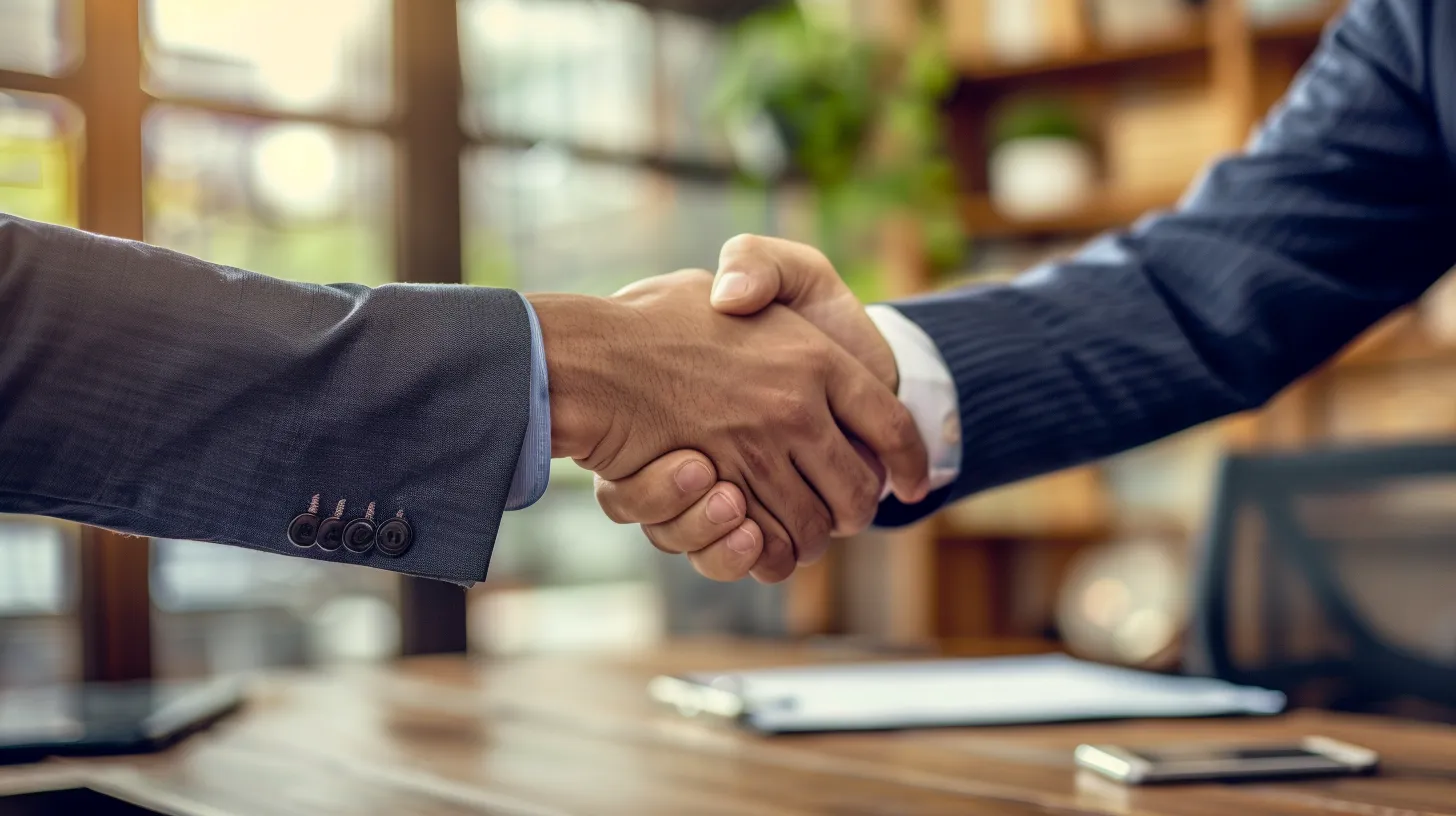business owner shaking hands with finance broker in office setting.
