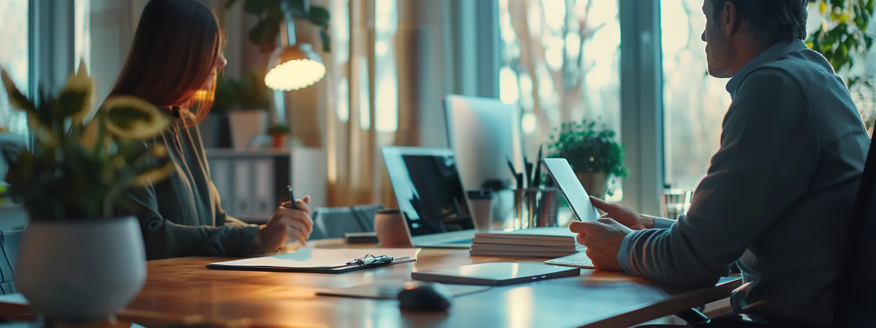a person sitting at a desk with a financial planner, discussing debt consolidation options.