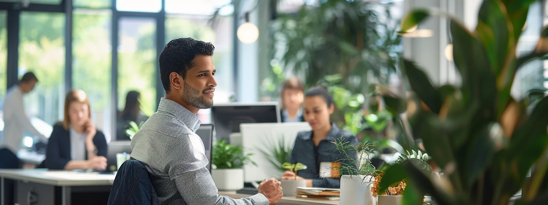 a busy finance broker at work in a bustling office, interacting with clients and discussing commercial loan options.