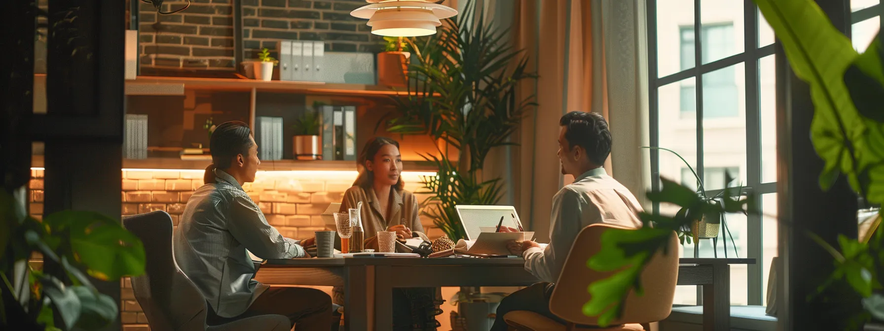 people discussing financial plans and consolidation options in a cozy office setting.