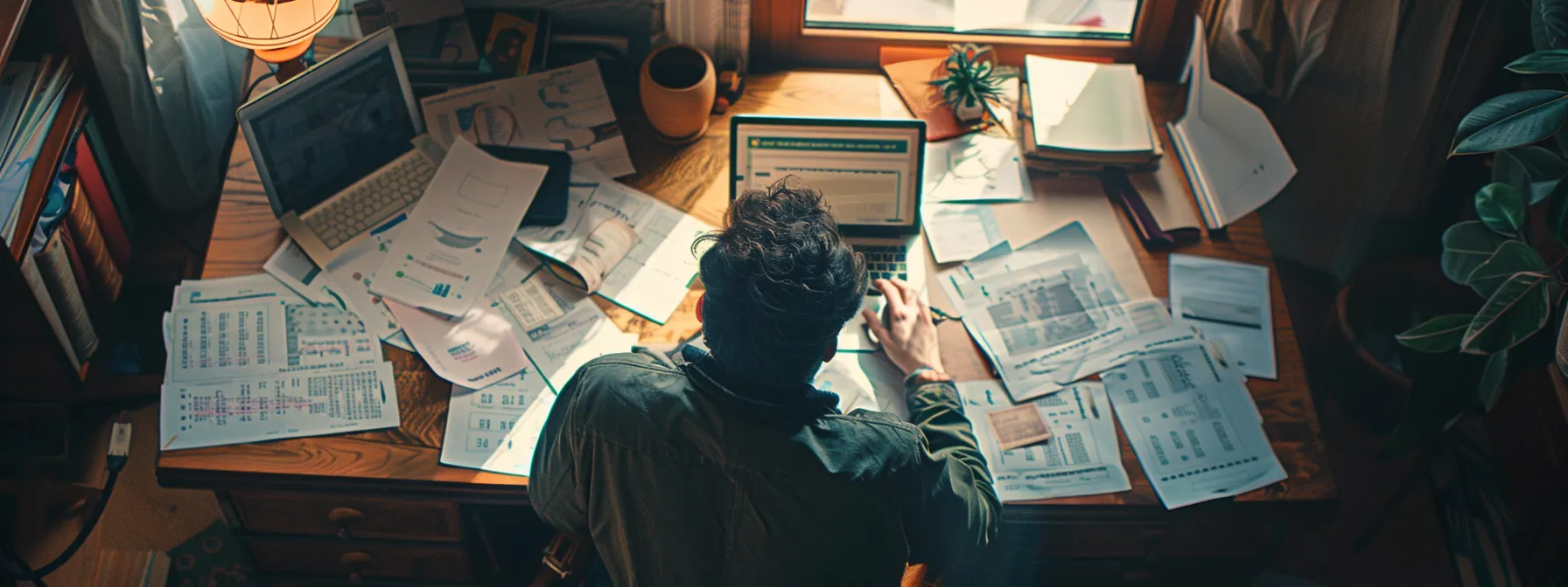a person sitting at a desk with various financial documents spread out and a laptop open.