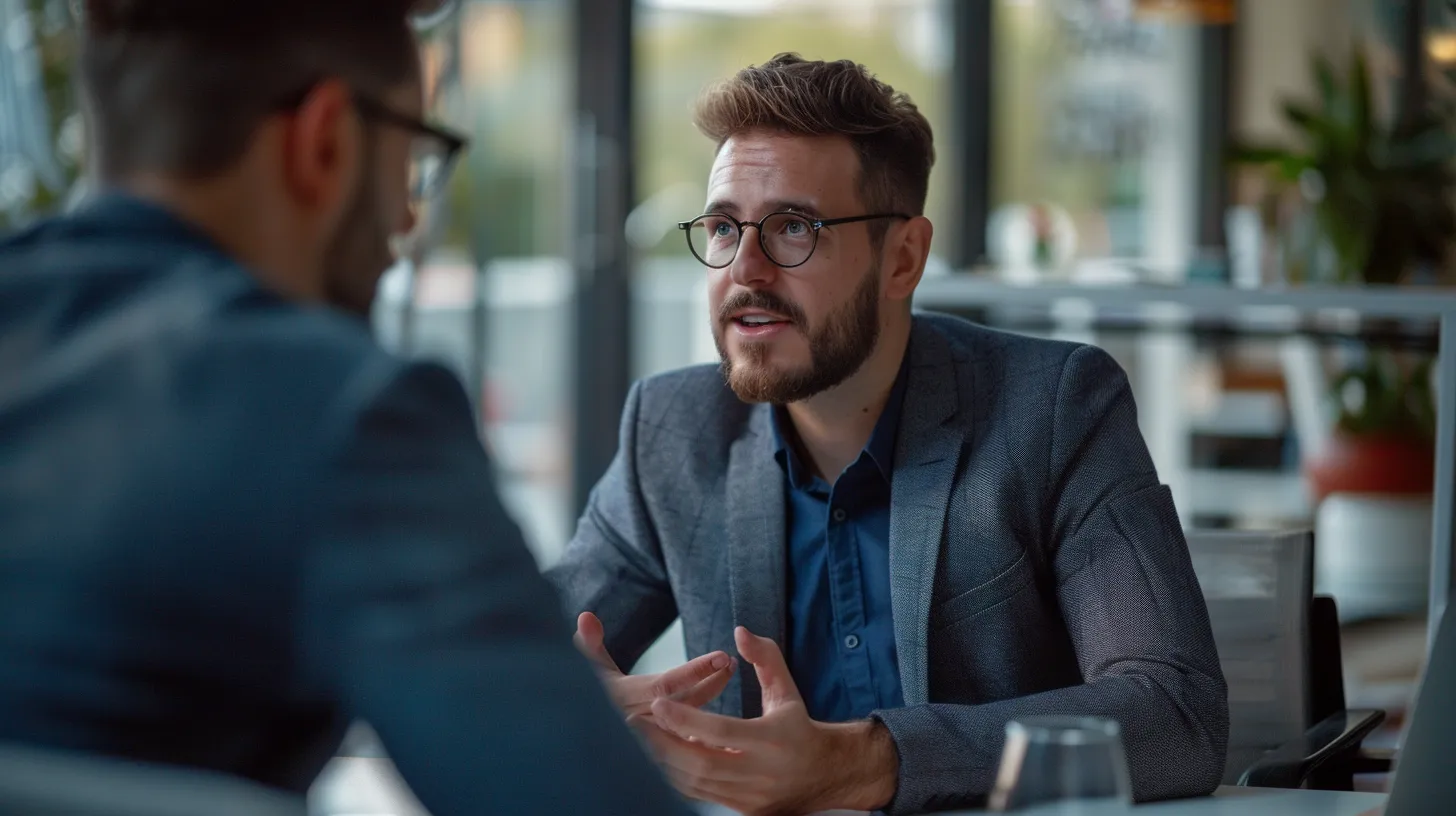 a business owner discussing loan terms with a broker in an office setting.