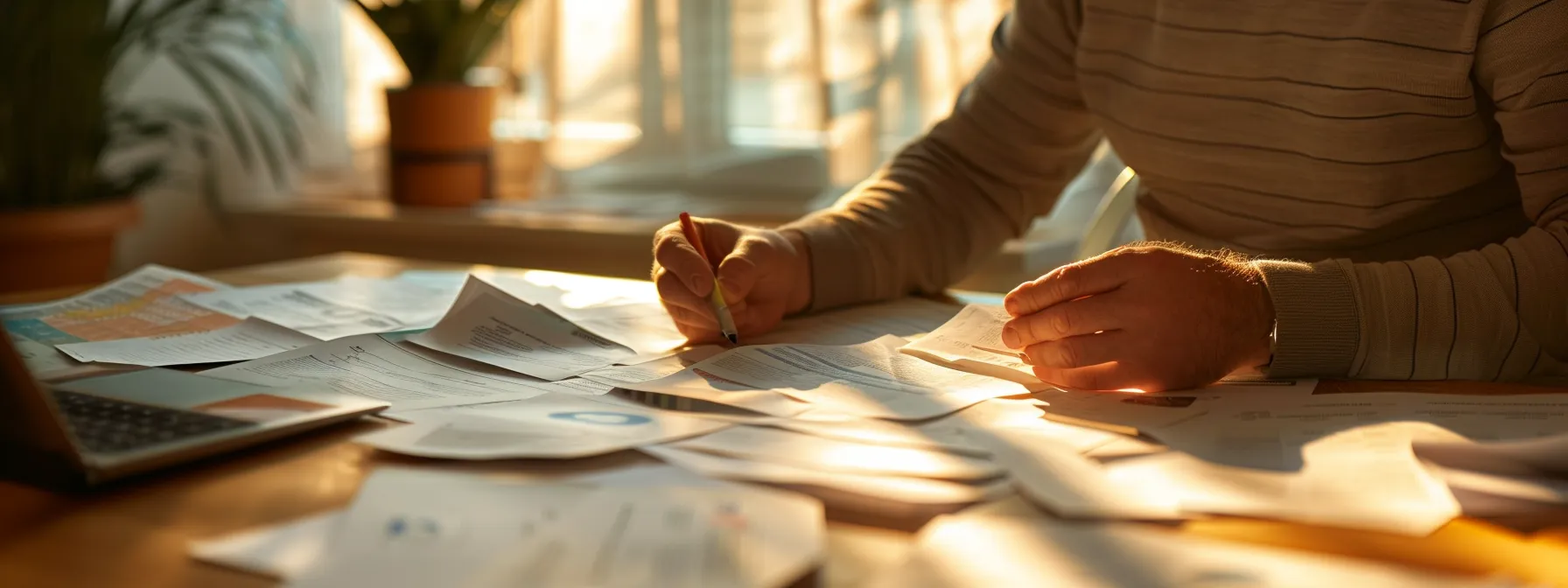 a person sitting at a desk with papers scattered around, discussing financial options with a client.